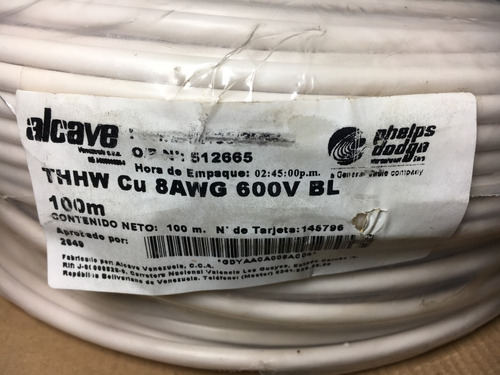 CABLE THW CU 8AWG 600V BLANCO 100M
