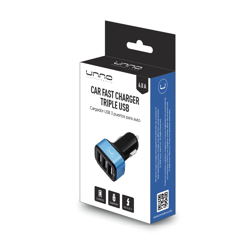 CARGADOR PARA CARRO UNNO TEKNO 6AMP 3 PUERTOS USB