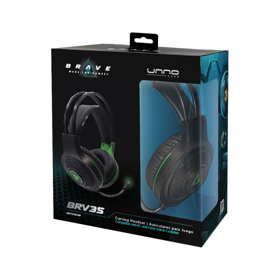 AUDIFONOS GAMING UNNO TEKNO BRV35 3.5MM MICROFONO LED VERDE