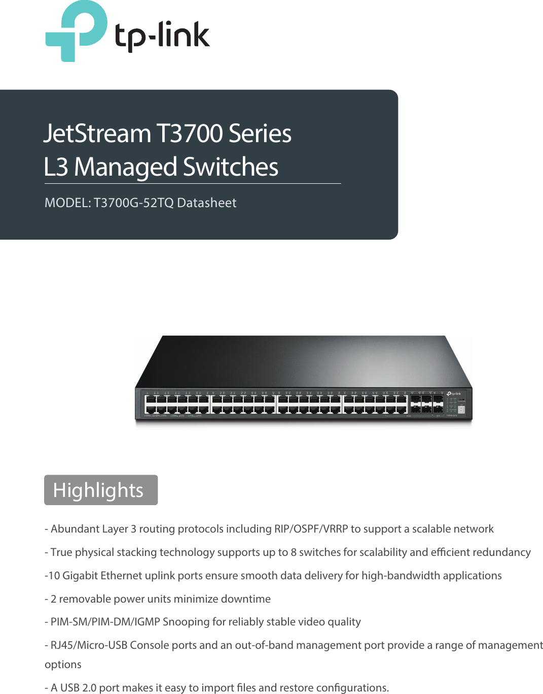 SWITCH ADMINISTRABLE TP-LINK 52 48P GB L3 4SFP 10G JETSTREAM